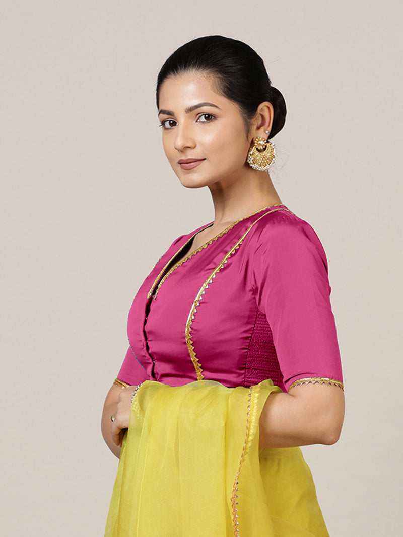 Begum x Tyohaar | Elbow Sleeves Hot Pink FlexiFit™ Gota Embellished Saree Blouse with V-Neck-Binks