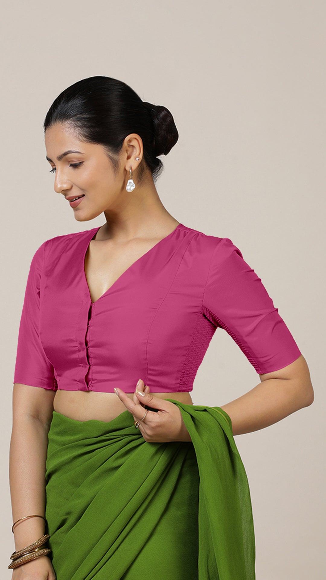 Begum x Rozaana Saree Blouse, in Pink Artificial Silk, featuring elbow sleeves and v-neckline, made for party & festive.