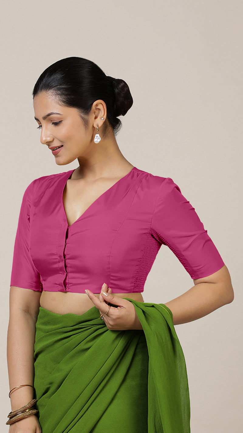 Begum x Rozaana | Elbow Sleeves Hot Pink FlexiFit™ Saree Blouse with V-Neck-Binks