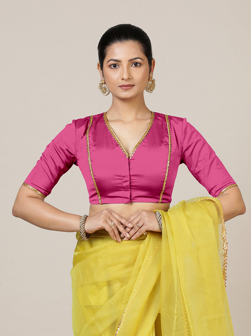 Begum x Tyohaar | Elbow Sleeves Hot Pink FlexiFit™ Gota Embellished Saree Blouse with V-Neck-Binks
