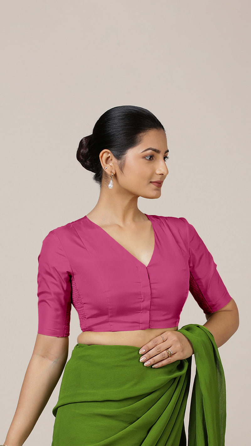 Begum x Rozaana | Elbow Sleeves Hot Pink FlexiFit™ Saree Blouse with V-Neck-Binks
