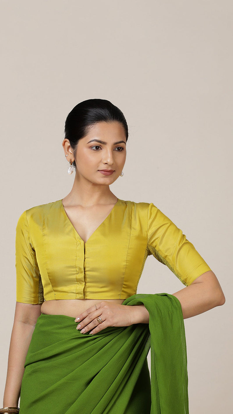 Begum x Rozaana | Elbow Sleeves Saree Blouse in Lemon Yellow-Binks
