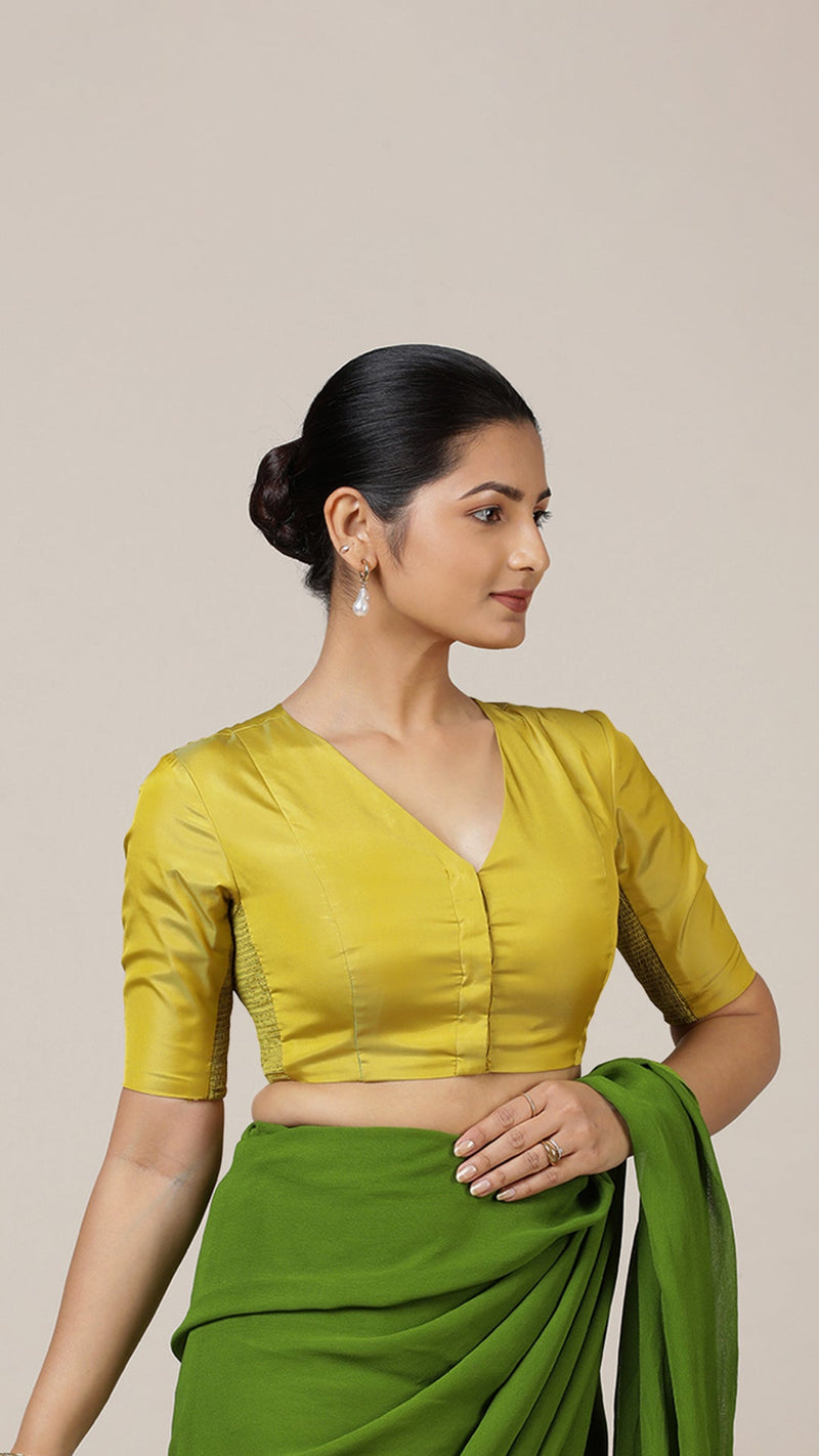 Begum x Rozaana | Elbow Sleeves Saree Blouse in Lemon Yellow-Binks