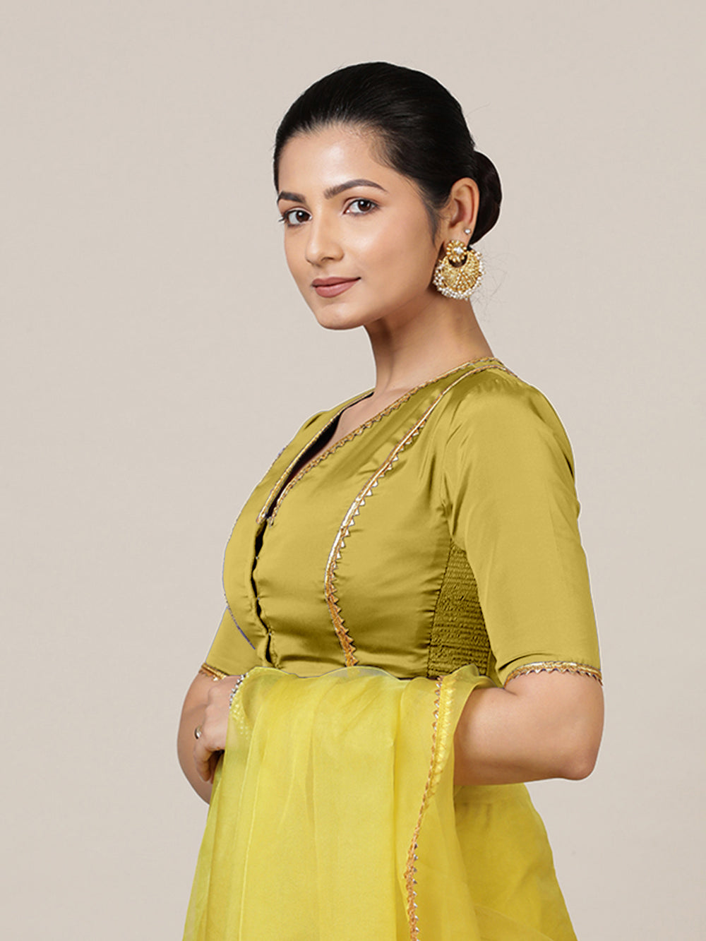 Begum x Tyohaar | Elbow Sleeves Saree Blouse in Lemon Yellow
