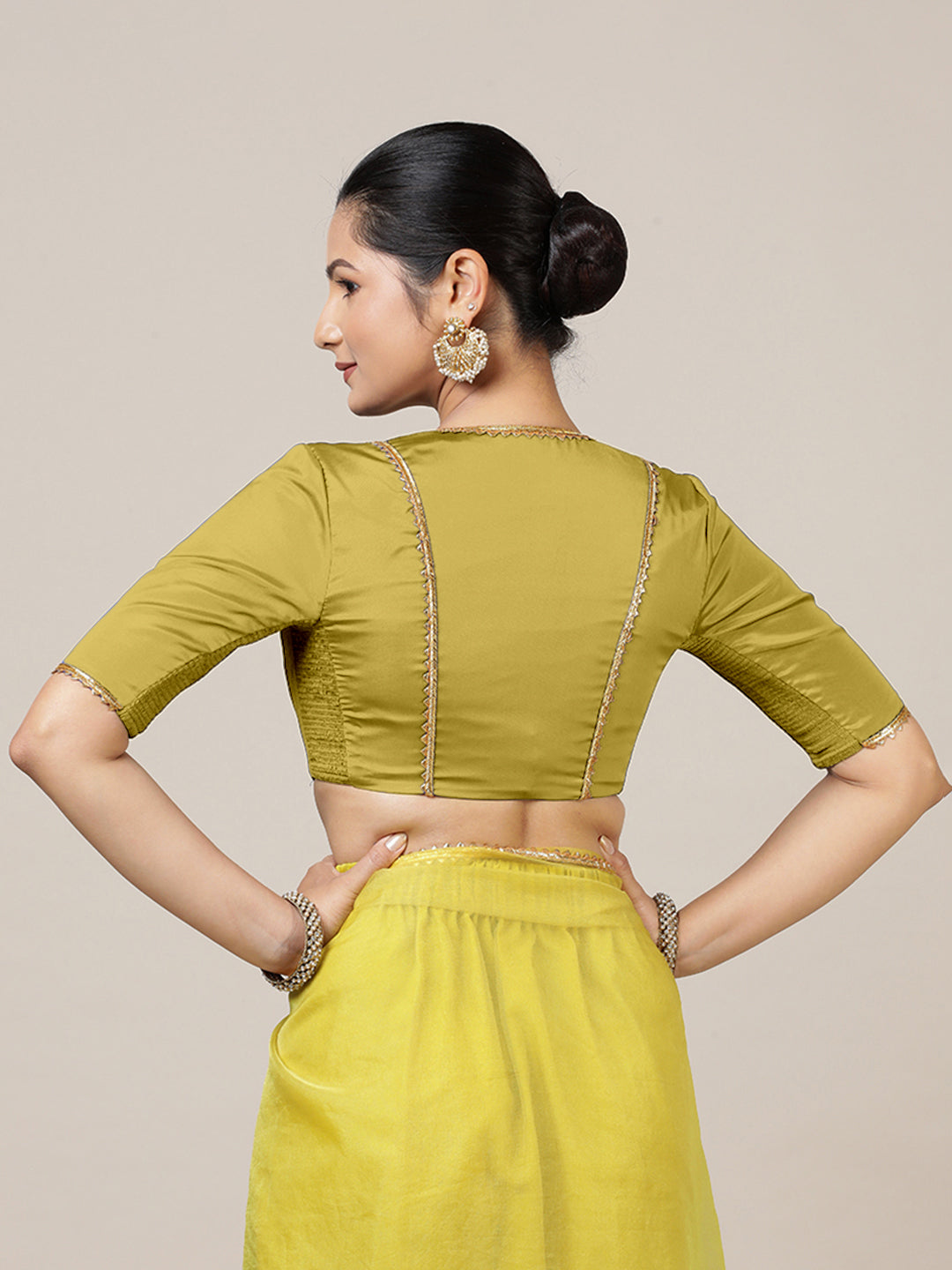Begum x Tyohaar Saree Blouse, in Yellow Vegan Silk, featuring elbow sleeves and v-neckline, made for party & festive (view 2).