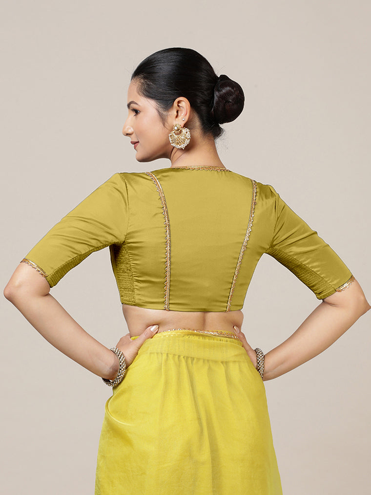 Begum x Tyohaar Saree Blouse, in Yellow Vegan Silk, featuring elbow sleeves and v-neckline, made for party & festive (view 2).