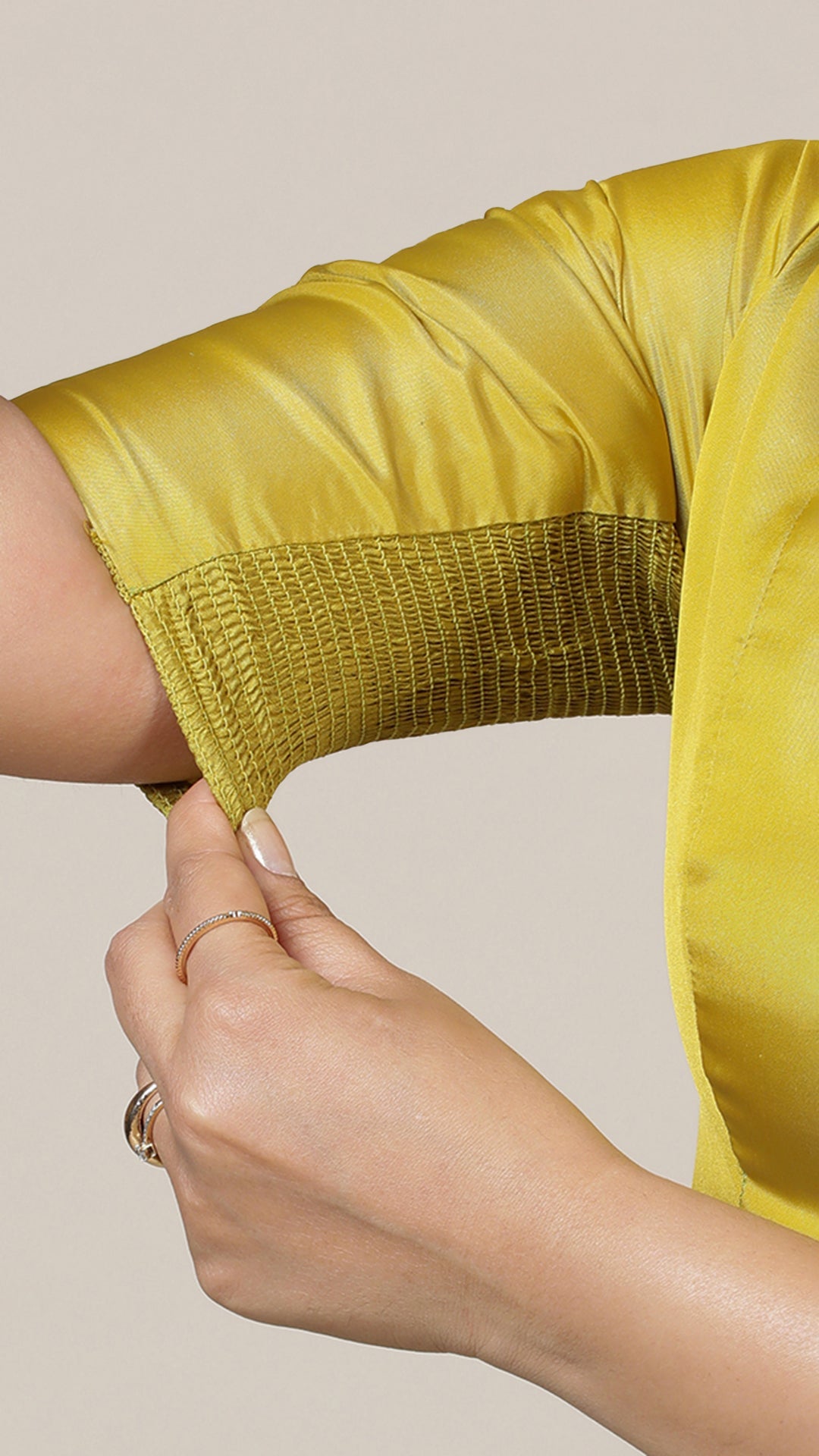 Begum x Rozaana Saree Blouse, in Yellow Vegan Silk, featuring elbow sleeves and v-neckline, made for daily & work (view 4).