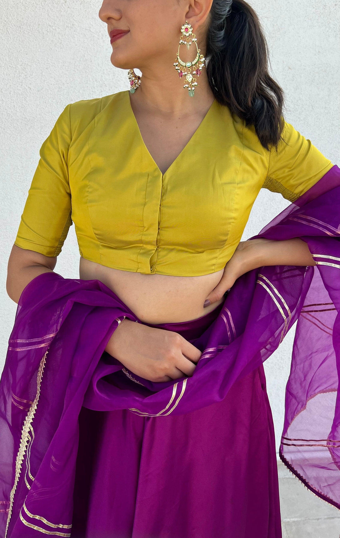 Begum x Rozaana Saree Blouse, in Yellow Vegan Silk, featuring elbow sleeves and v-neckline, made for daily & work (view 5).