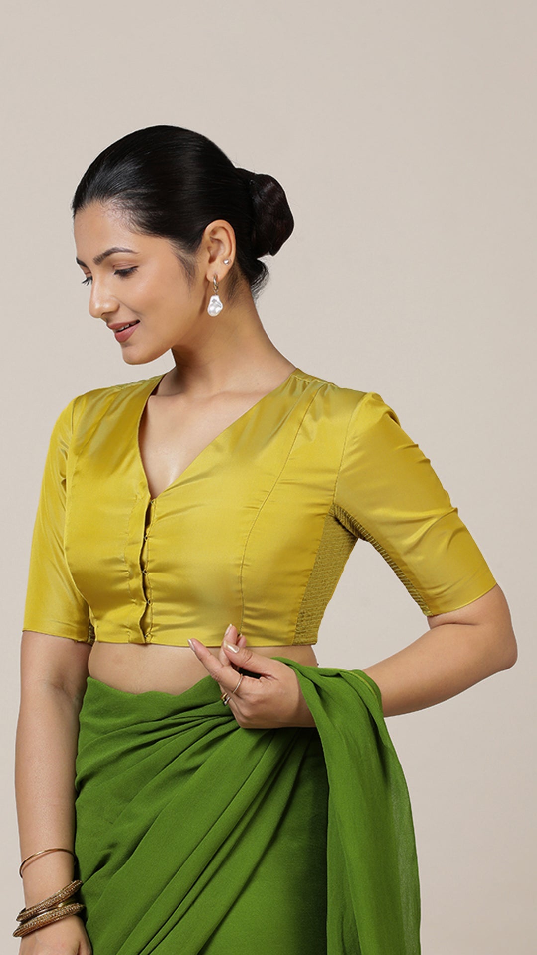 Begum x Rozaana Saree Blouse, in Yellow Vegan Silk, featuring elbow sleeves and v-neckline, made for daily & work (view 8).