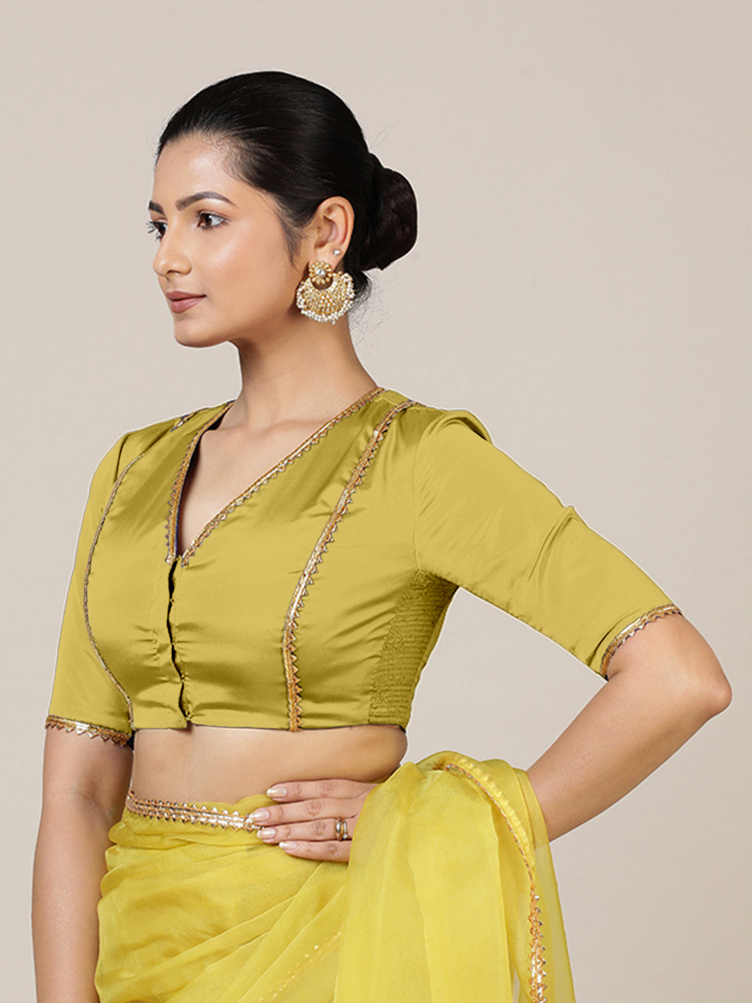 Begum x Tyohaar Saree Blouse, in Yellow Vegan Silk, featuring elbow sleeves and v-neckline, made for party & festive (view 8).