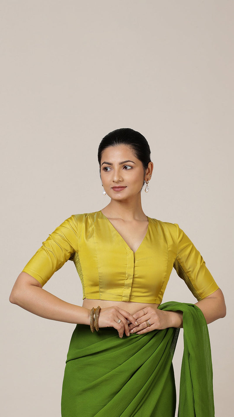 Begum x Rozaana | Elbow Sleeves Saree Blouse in Lemon Yellow-Binks