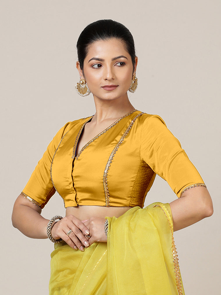 Begum x Tyohaar Saree Blouse, in Yellow Vegan Silk, featuring elbow sleeves and v-neckline, made for party & festive.