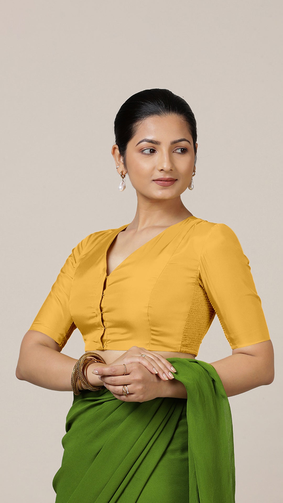 Begum x Rozaana Saree Blouse, in Yellow Artificial Silk, featuring elbow sleeves and v-neckline, made for party & festive.