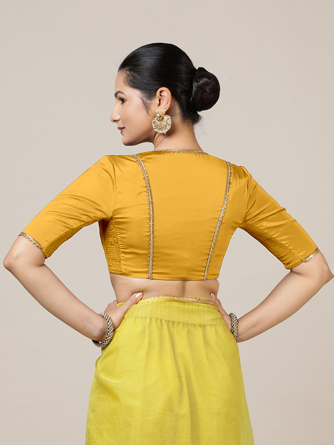 Begum x Tyohaar Saree Blouse, in Yellow Vegan Silk, featuring elbow sleeves and v-neckline, made for party & festive (view 2).