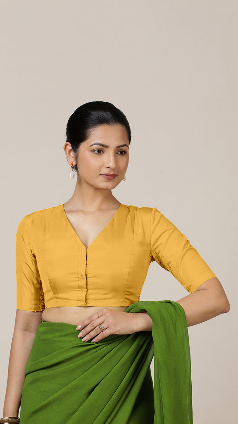Begum x Rozaana Saree Blouse, in Yellow Artificial Silk, featuring elbow sleeves and v-neckline, made for party & festive.
