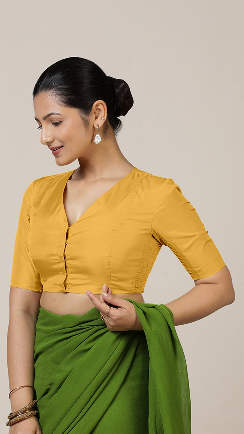 Begum x Rozaana | Elbow Sleeves Marigold Yellow FlexiFit™ Saree Blouse with V-Neck-Binks