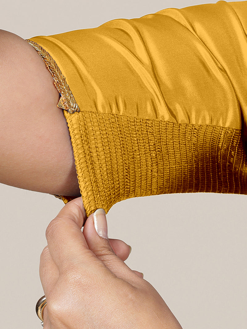 Begum x Tyohaar | Elbow Sleeves Marigold Yellow FlexiFit™ Gota Embellished Saree Blouse with V-Neck-Binks