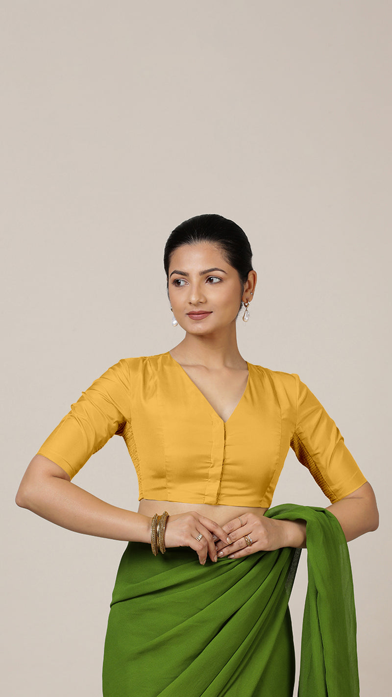 Begum x Rozaana | Elbow Sleeves Marigold Yellow FlexiFit™ Saree Blouse with V-Neck-Binks