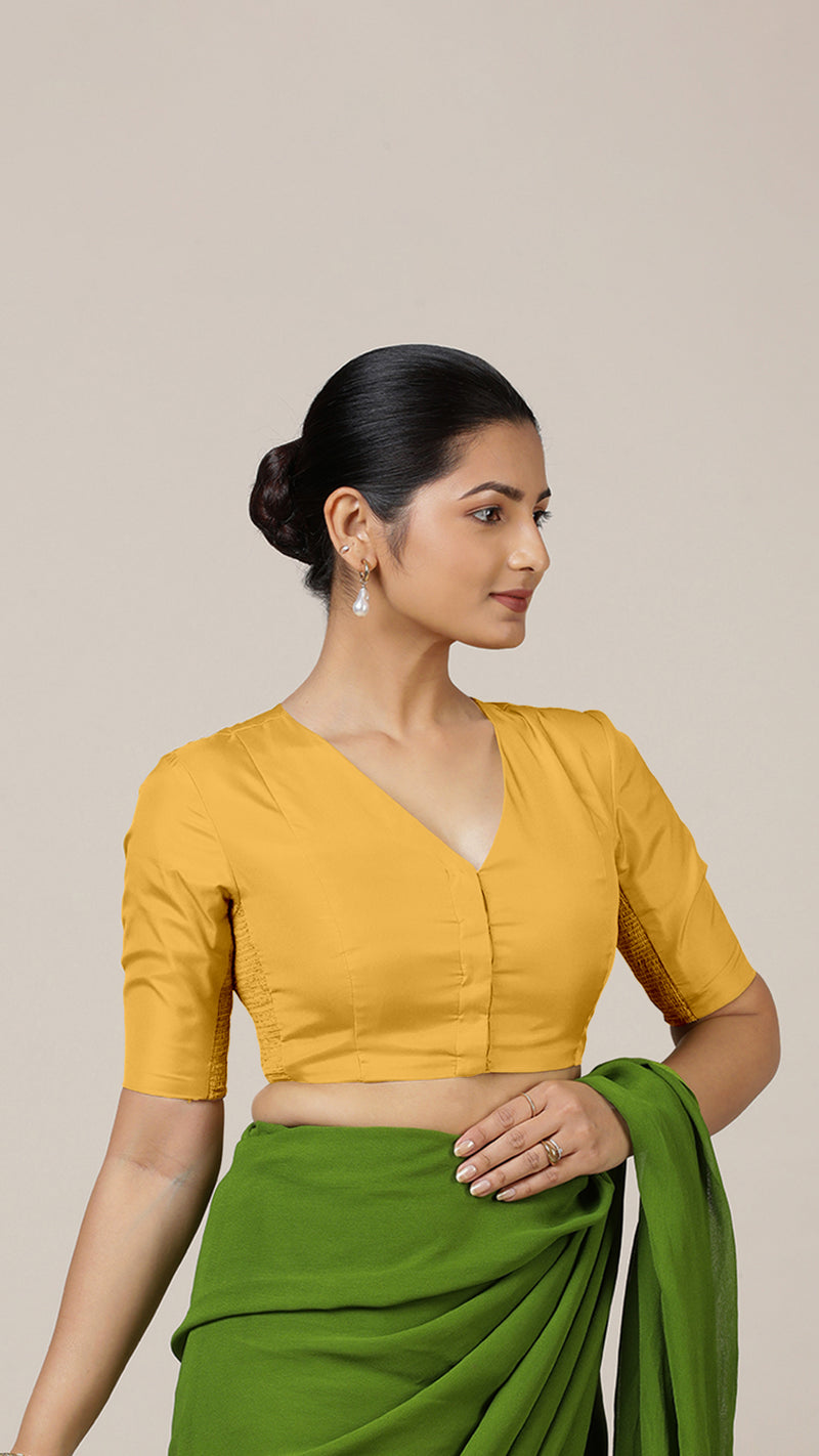 Begum x Rozaana | Elbow Sleeves Marigold Yellow FlexiFit™ Saree Blouse with V-Neck-Binks