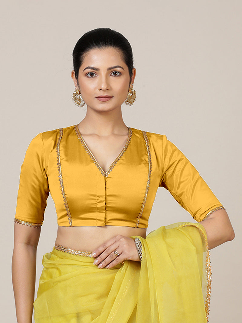 Begum x Tyohaar | Elbow Sleeves Marigold Yellow FlexiFit™ Gota Embellished Saree Blouse with V-Neck-Binks