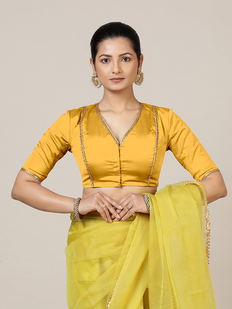 Begum x Tyohaar | Elbow Sleeves Marigold Yellow FlexiFit™ Gota Embellished Saree Blouse with V-Neck-Binks