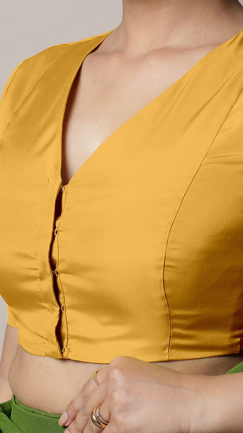 Begum x Rozaana | Elbow Sleeves Marigold Yellow FlexiFit™ Saree Blouse with V-Neck-Binks