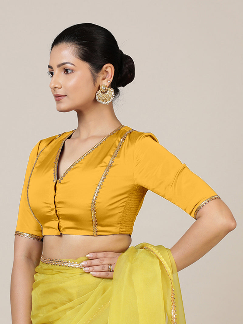 Begum x Tyohaar | Elbow Sleeves Marigold Yellow FlexiFit™ Gota Embellished Saree Blouse with V-Neck-Binks