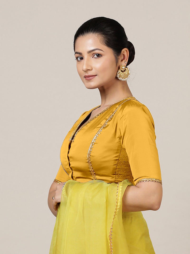 Begum x Tyohaar | Elbow Sleeves Marigold Yellow FlexiFit™ Gota Embellished Saree Blouse with V-Neck-Binks