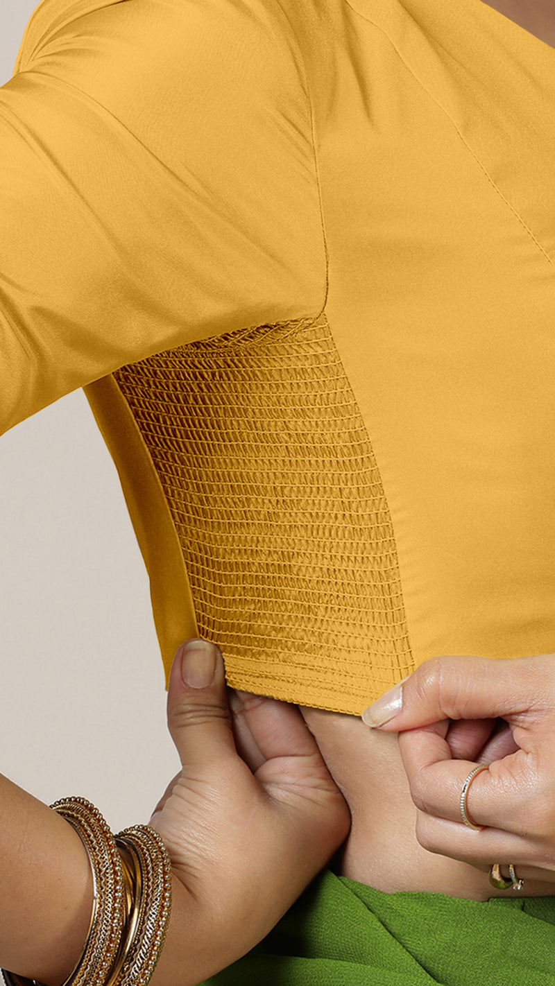 Begum x Rozaana | Elbow Sleeves Marigold Yellow FlexiFit™ Saree Blouse with V-Neck-Binks