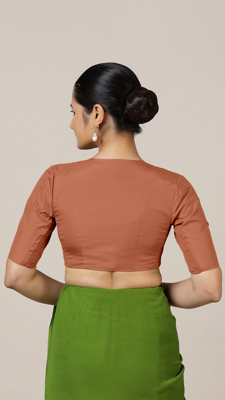 Begum x Rozaana Saree Blouse, in Copper Vegan Silk, featuring elbow sleeves and v-neckline, made for daily & work (view 2).
