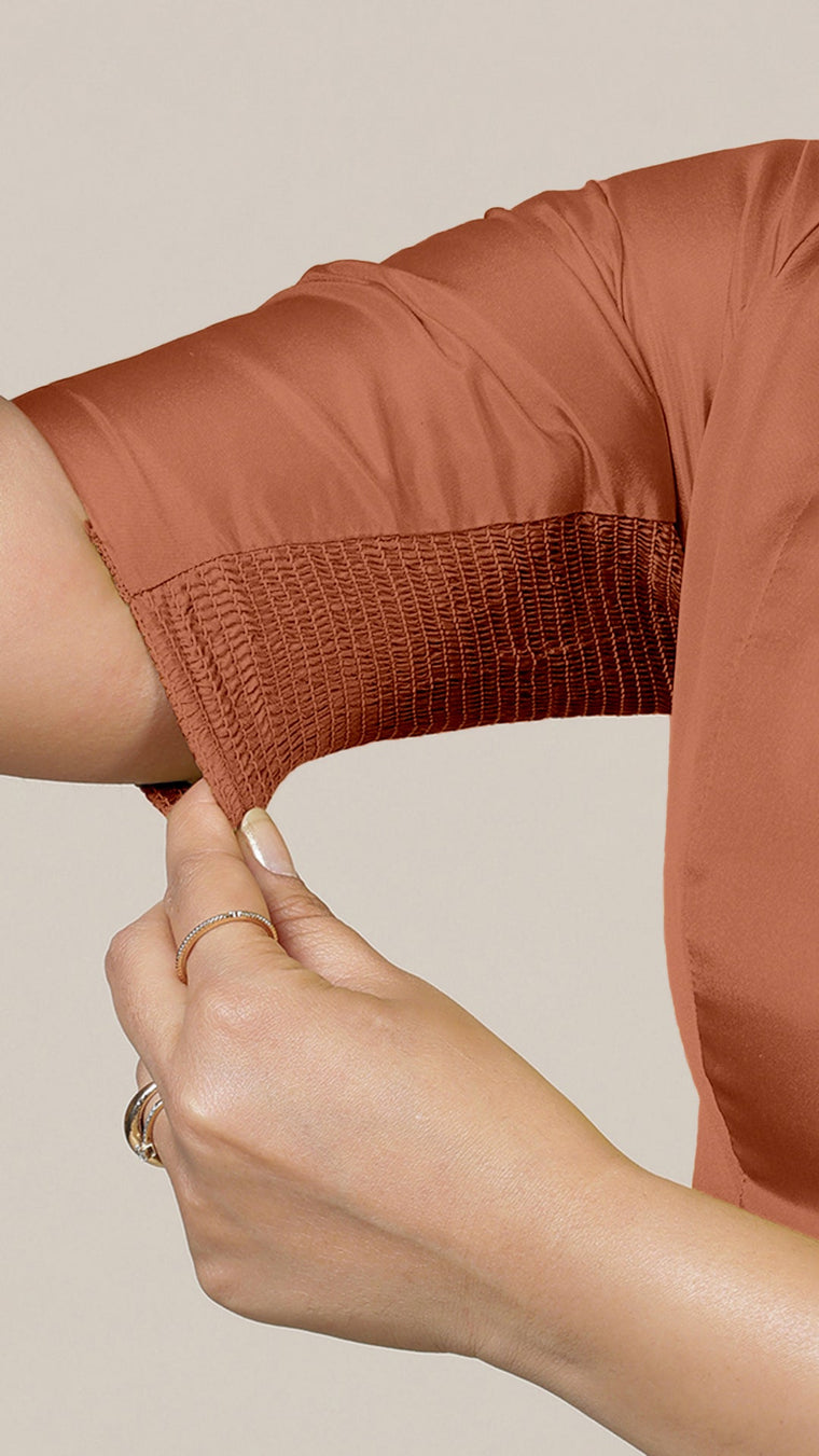 Begum x Rozaana Saree Blouse, in Copper Vegan Silk, featuring elbow sleeves and v-neckline, made for daily & work (view 3).