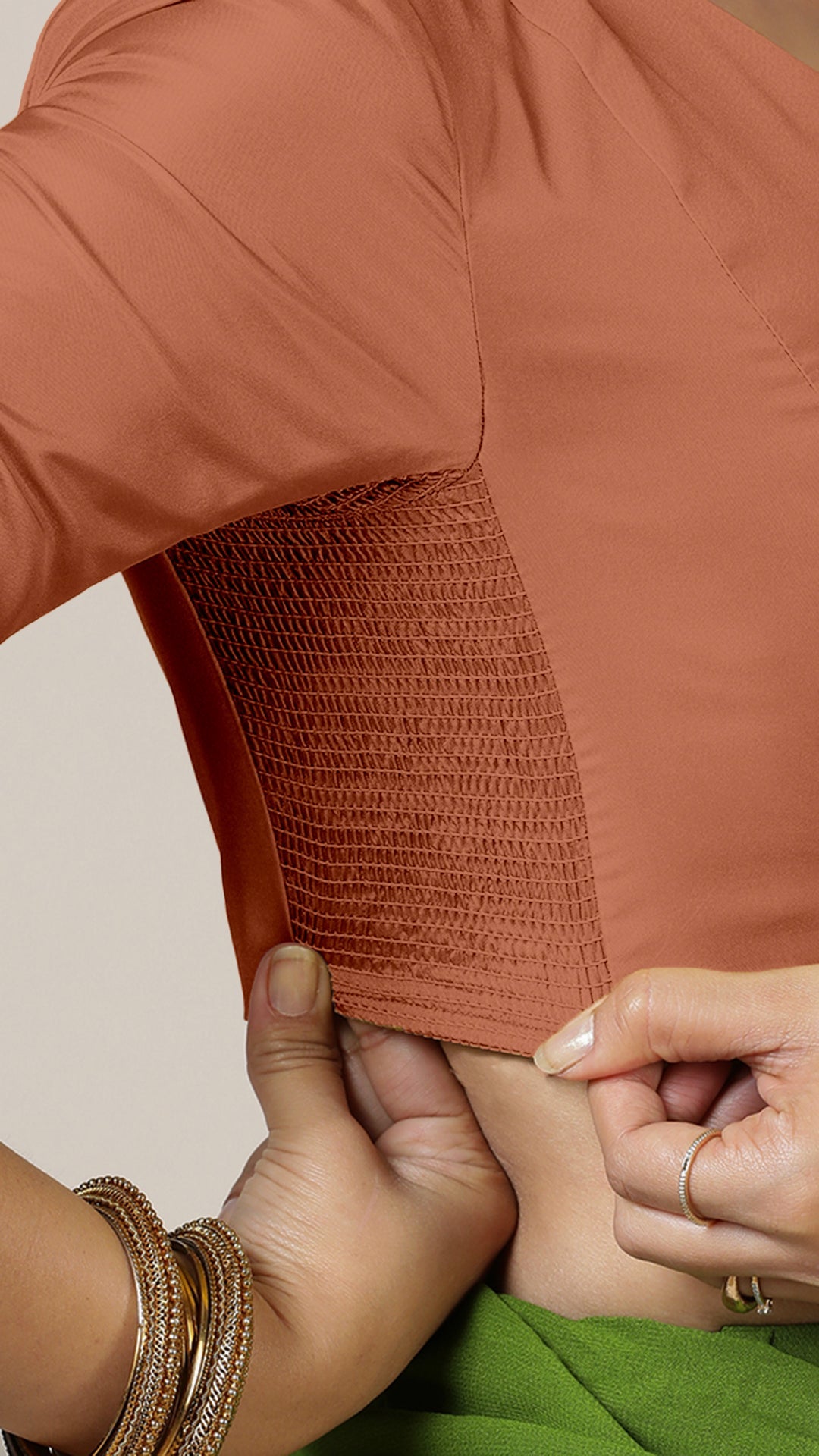 Begum x Rozaana Saree Blouse, in Copper Vegan Silk, featuring elbow sleeves and v-neckline, made for daily & work (view 4).