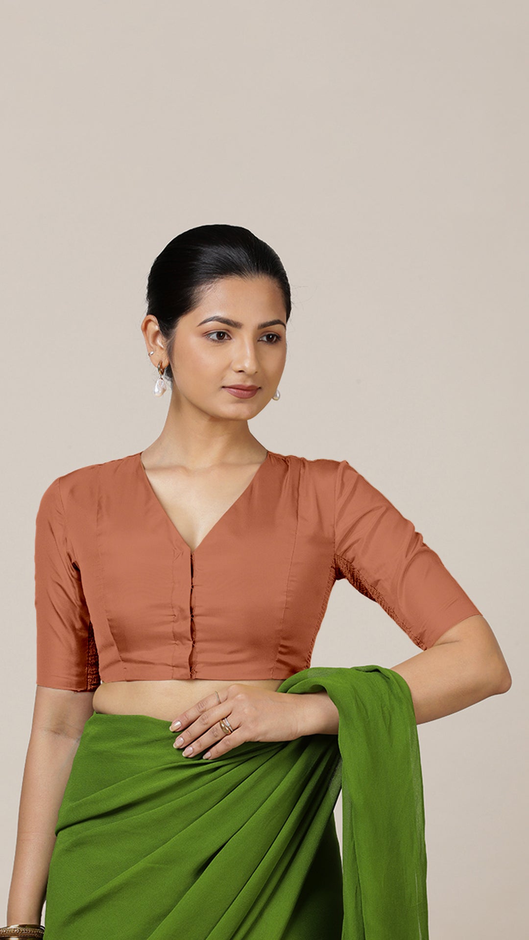 Begum x Rozaana Saree Blouse, in Copper Vegan Silk, featuring elbow sleeves and v-neckline, made for daily & work (view 7).