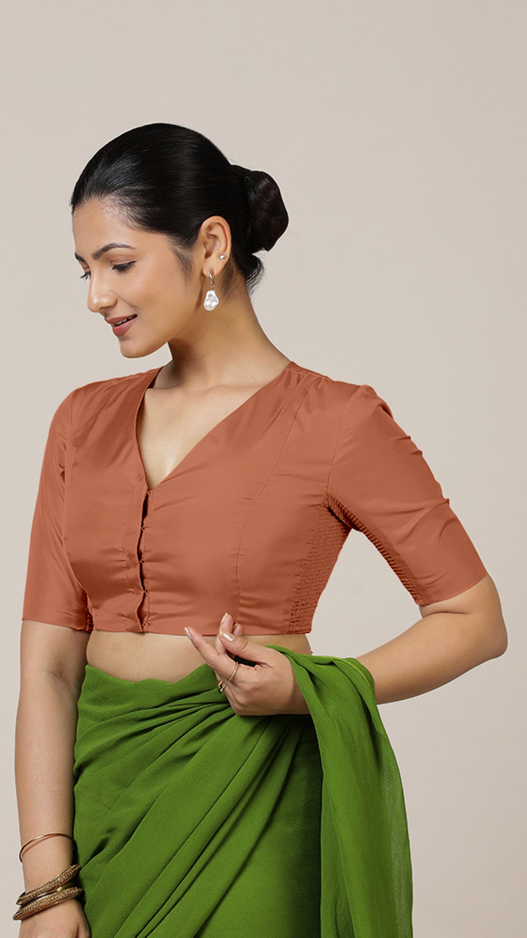 Begum x Rozaana Saree Blouse, in Copper Vegan Silk, featuring elbow sleeves and v-neckline, made for daily & work (view 8).