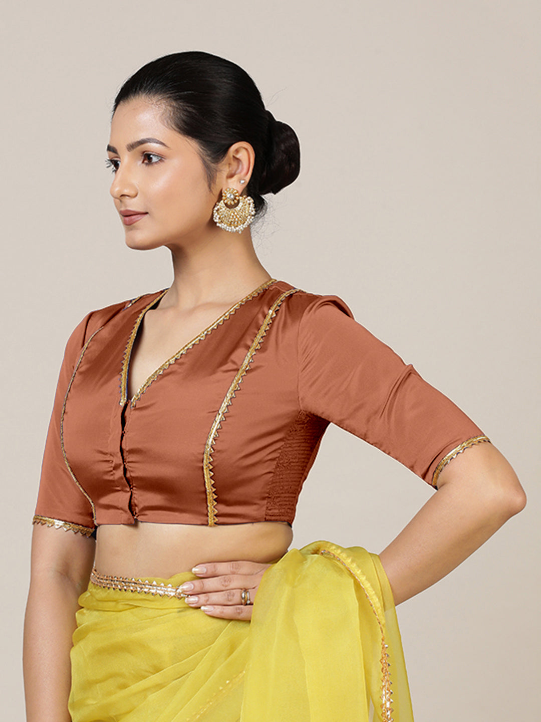 Begum x Tyohaar Saree Blouse, in Copper Vegan Silk, featuring elbow sleeves and v-neckline, made for party & festive (view 8).