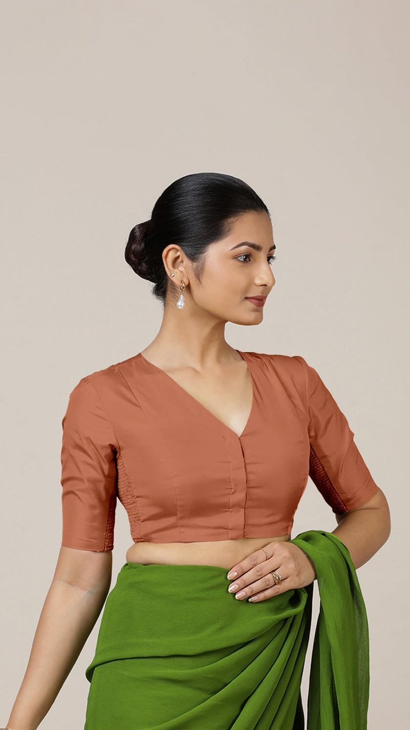 Begum x Rozaana | Elbow Sleeves Saree Blouse in Metallic Copper-Binks