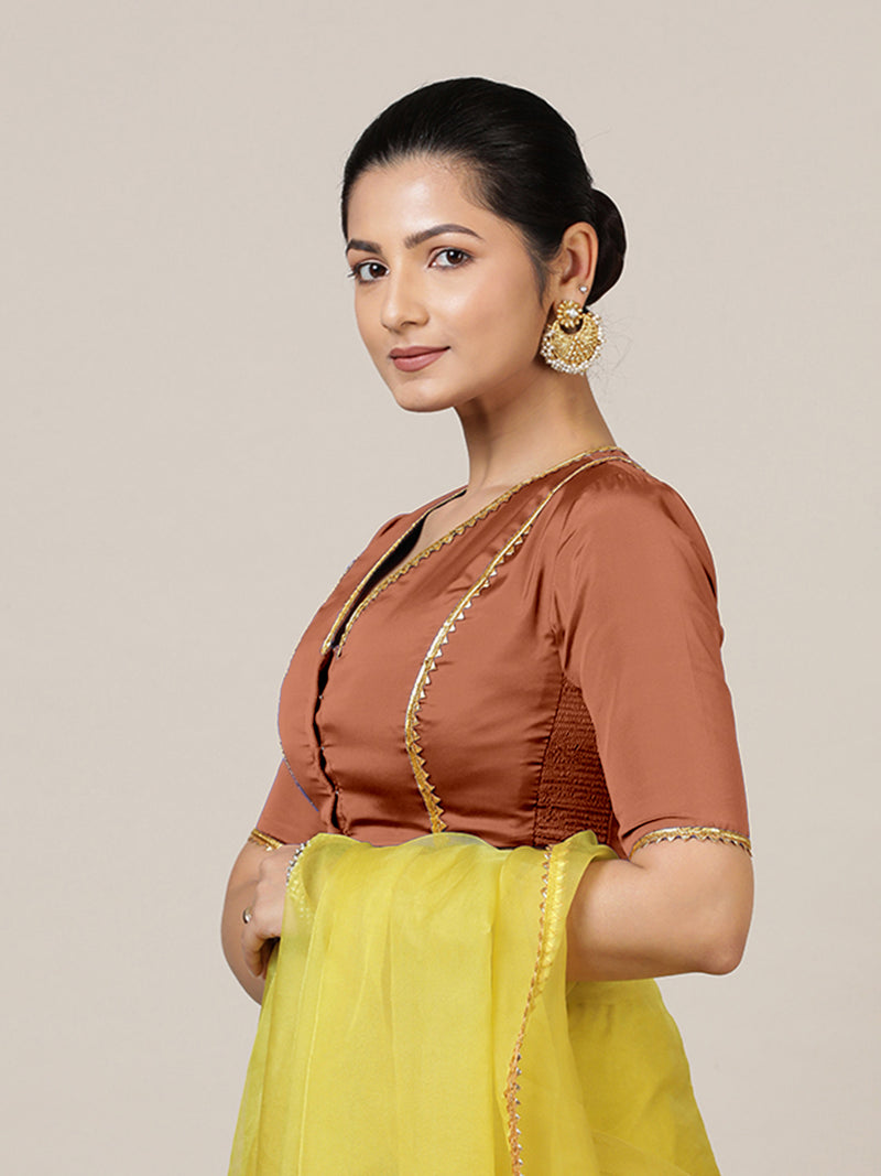 Begum x Tyohaar | Elbow Sleeves Saree Blouse in Metallic Copper-Binks