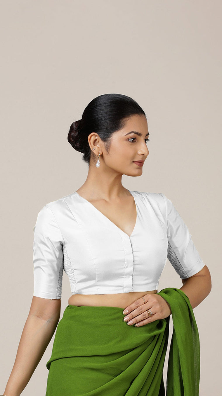 Begum x Rozaana Saree Blouse, in White Vegan Silk, featuring elbow sleeves and v-neckline, made for daily & work.