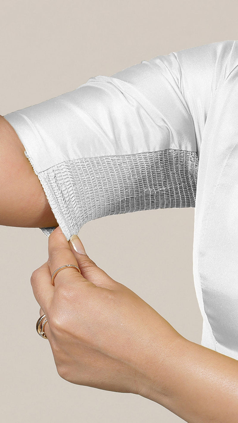 Begum x Rozaana | Elbow Sleeves Saree Blouse in Pearl White-Binks