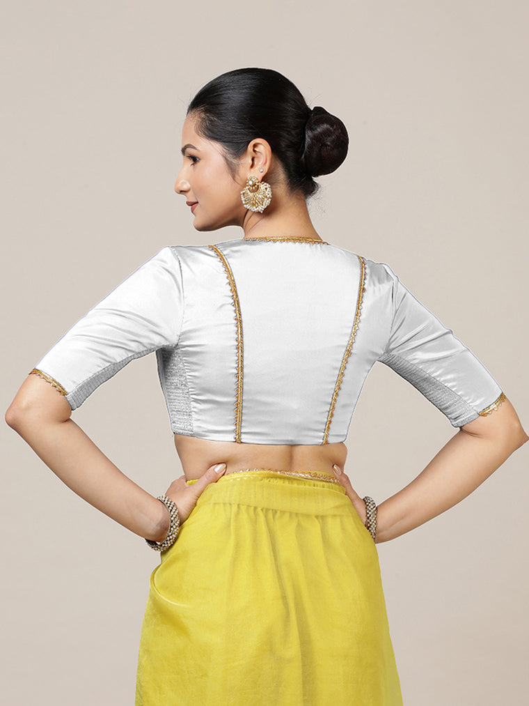 Begum x Tyohaar Saree Blouse, in White Vegan Silk, featuring elbow sleeves and v-neckline, made for party & festive (view 2).