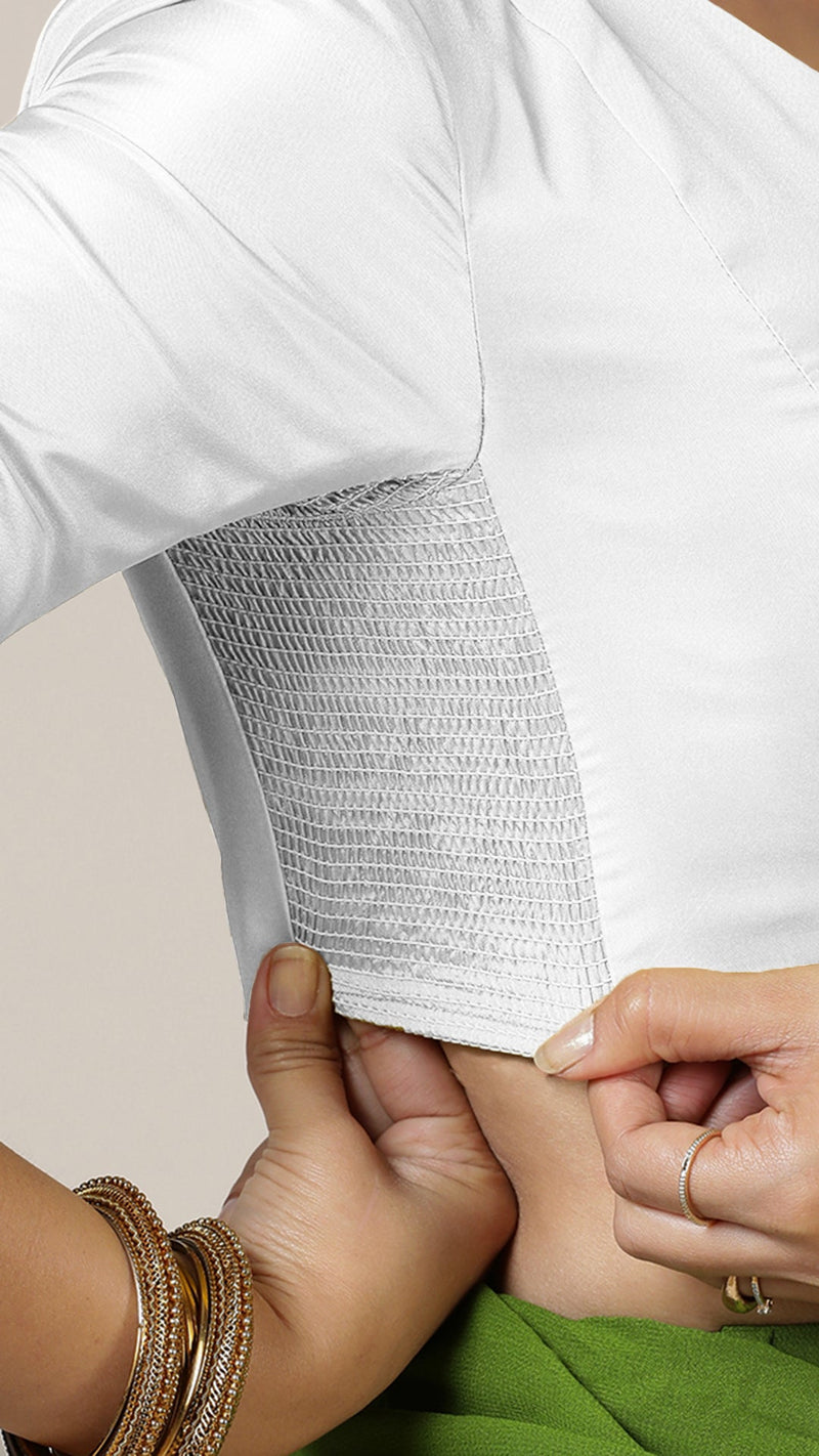 Begum x Rozaana | Elbow Sleeves Saree Blouse in Pearl White-Binks