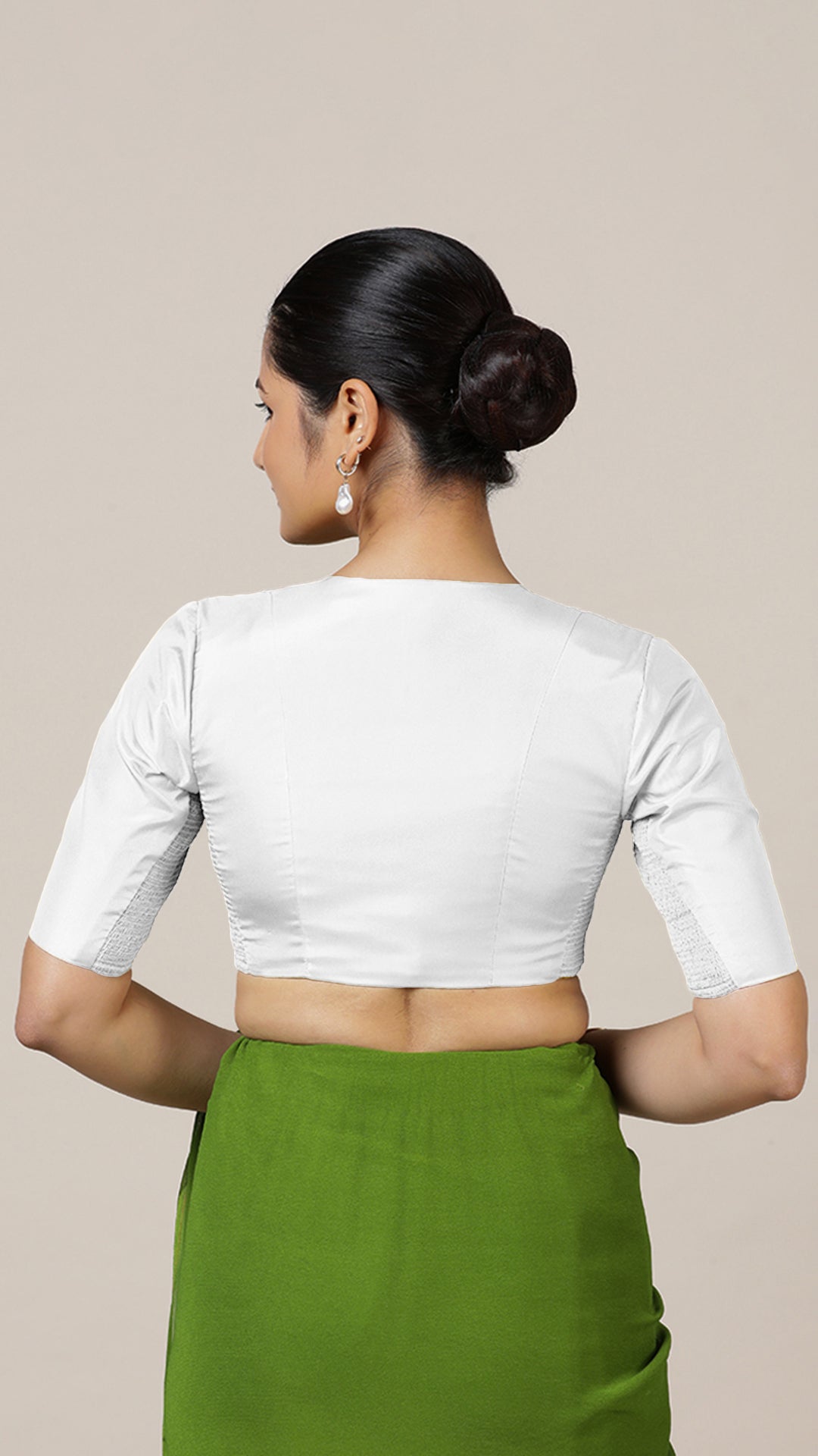 Begum x Rozaana Saree Blouse, in White Vegan Silk, featuring elbow sleeves and v-neckline, made for daily & work (view 4).