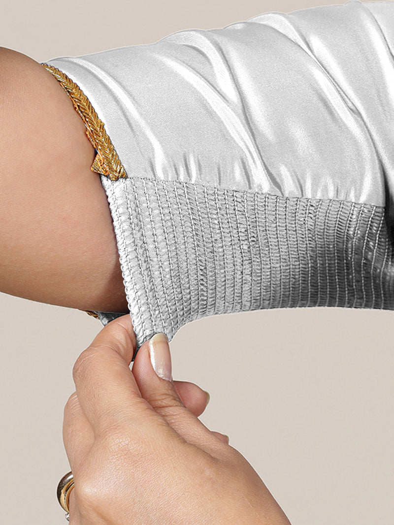 Begum x Tyohaar | Elbow Sleeves Saree Blouse in Pearl White-Binks