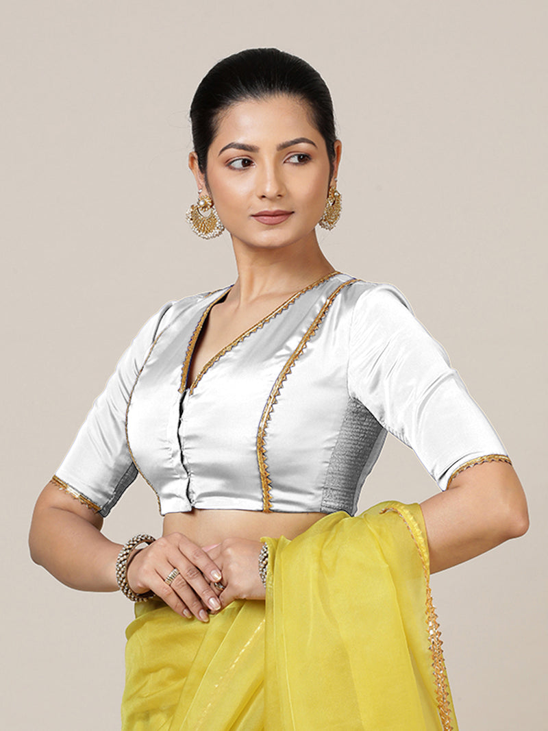 Begum x Tyohaar | Elbow Sleeves Saree Blouse in Pearl White-Binks