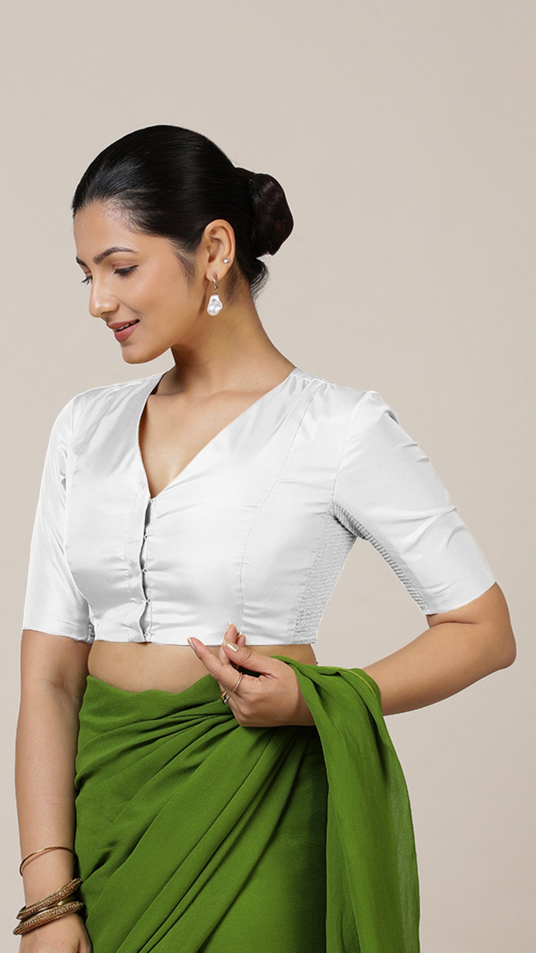 Begum x Rozaana Saree Blouse, in White Vegan Silk, featuring elbow sleeves and v-neckline, made for daily & work (view 7).