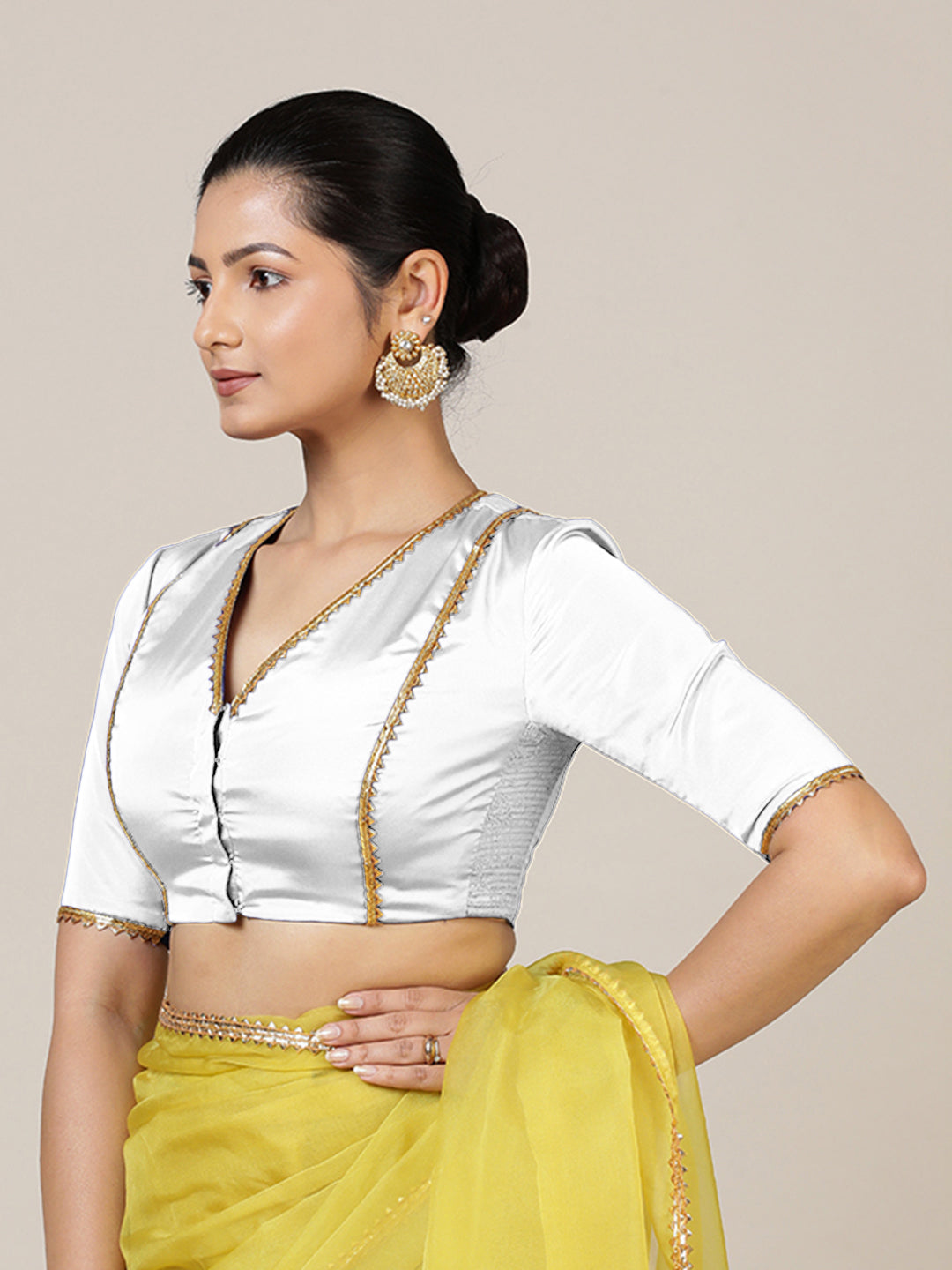 Begum x Tyohaar Saree Blouse, in White Vegan Silk, featuring elbow sleeves and v-neckline, made for party & festive (view 7).