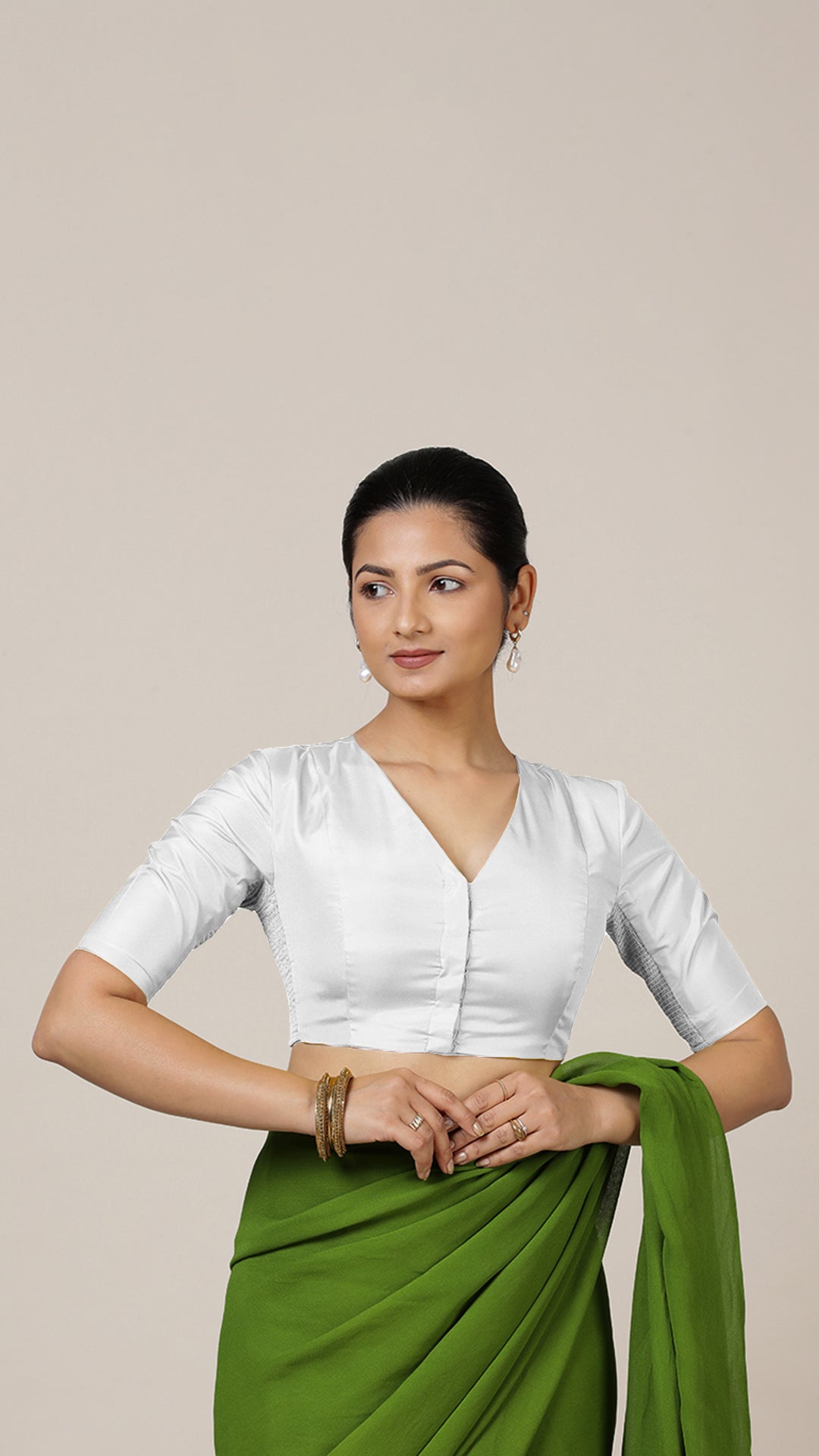 Begum x Rozaana Saree Blouse, in White Vegan Silk, featuring elbow sleeves and v-neckline, made for daily & work (view 8).