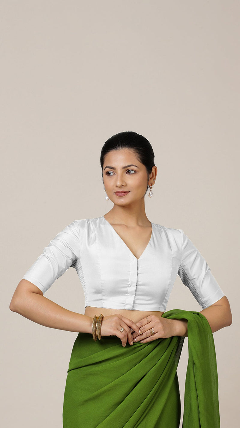 Begum x Rozaana | Elbow Sleeves Saree Blouse in Pearl White-Binks