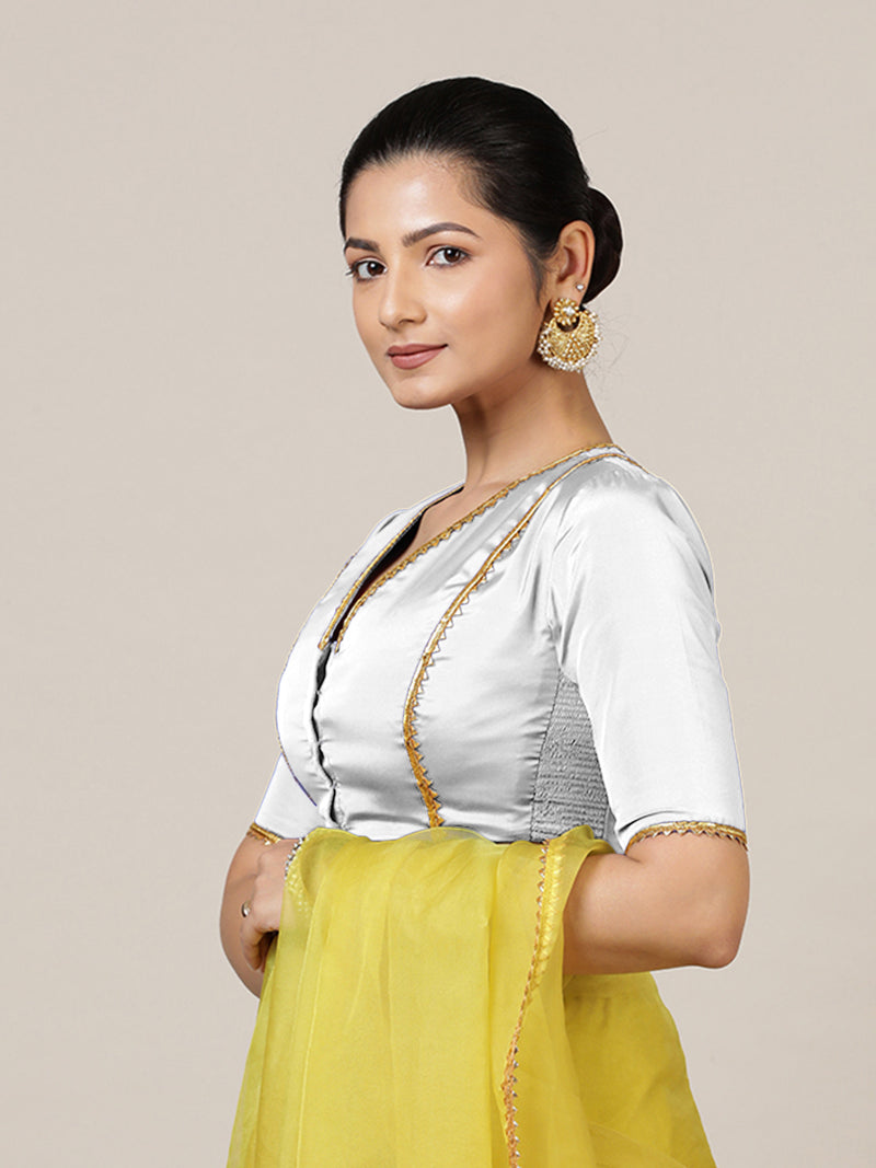 Begum x Tyohaar | Elbow Sleeves Saree Blouse in Pearl White-Binks