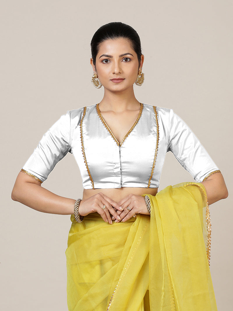 Begum x Tyohaar | Elbow Sleeves Saree Blouse in Pearl White-Binks